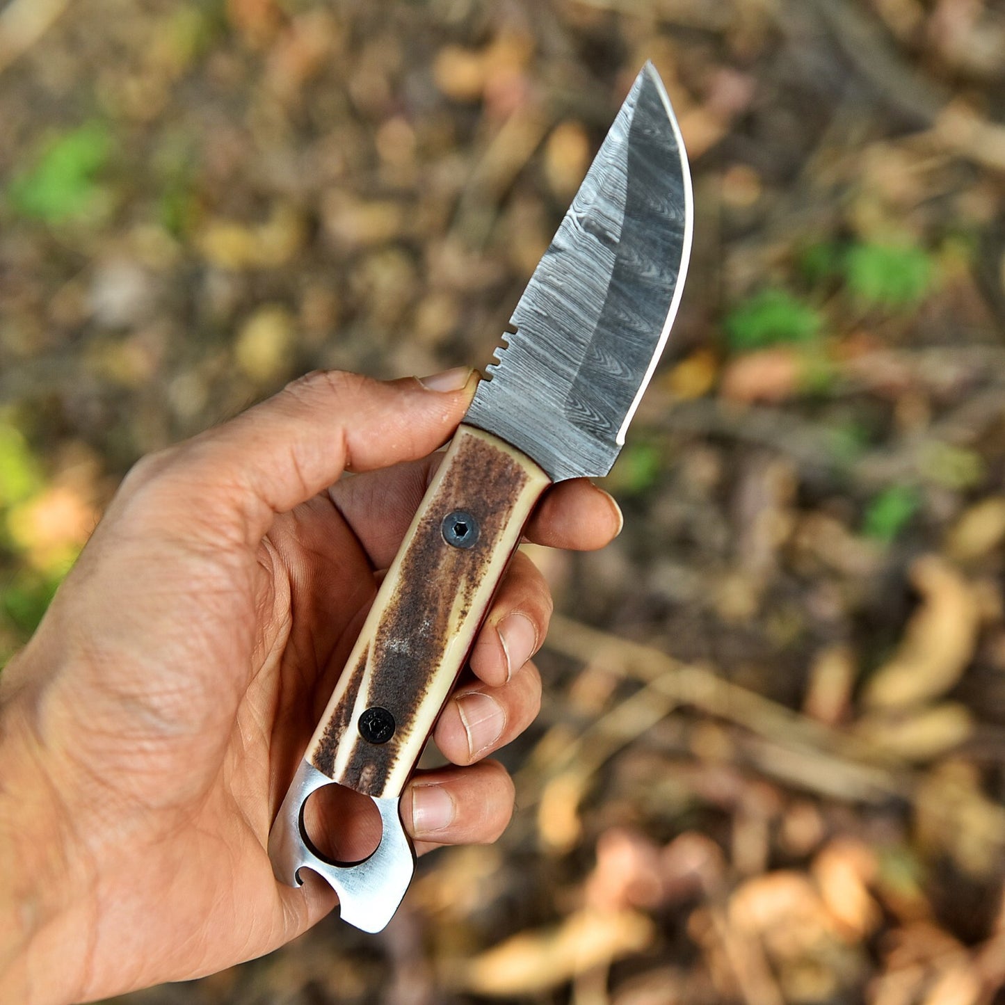 7.6" Hand-Forged Damascus Steel Hunting and EDC Knife with Leather Sheath