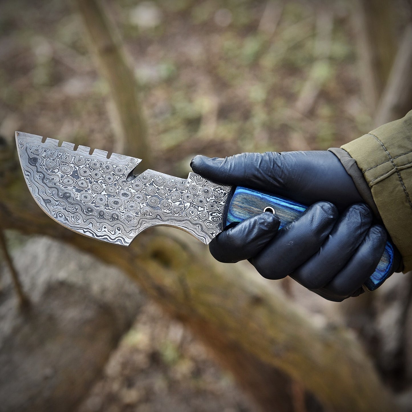 Handmade Tracker Knife – Damascus Steel Blade with Blue Wood Handle | Full Tang, 9" Overall Length |DRSKNIVES HUB
