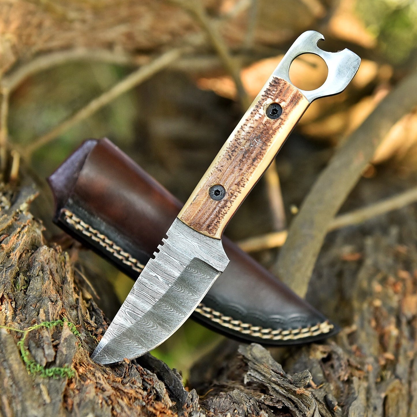 7.6" Hand-Forged Damascus Steel Hunting and EDC Knife with Leather Sheath