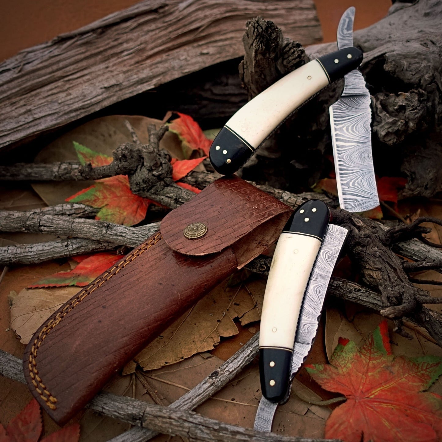 3-Piece Handmade Damascus Steel Straight Cleaver Set –Bull Horn & Camel Bone Handles with Leather Sheaths| DRSKNIVES HUB