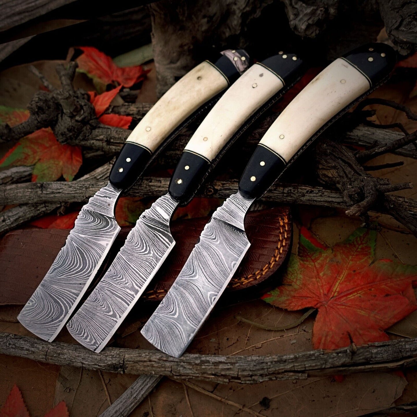 3-Piece Handmade Damascus Steel Straight Cleaver Set –Bull Horn & Camel Bone Handles with Leather Sheaths| DRSKNIVES HUB