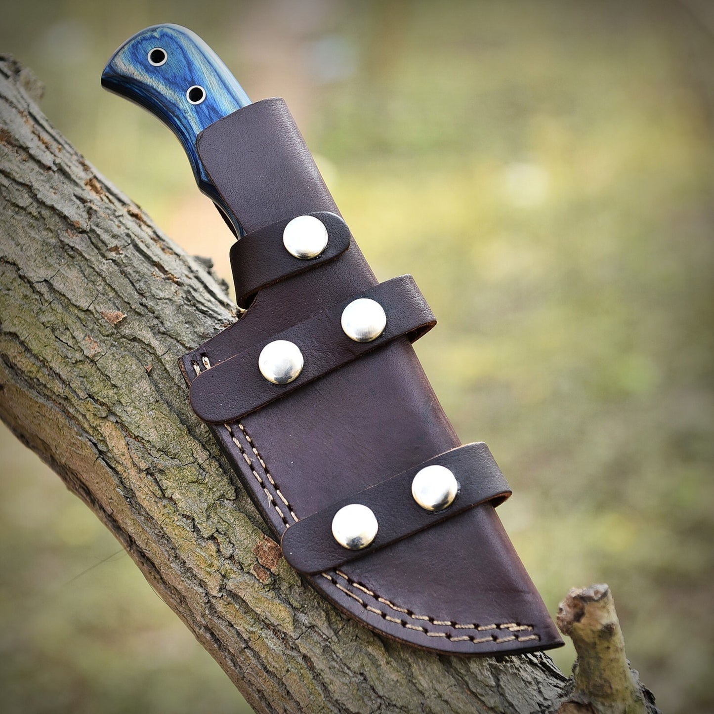 Handmade Tracker Knife – Damascus Steel Blade with Blue Wood Handle | Full Tang, 9" Overall Length |DRSKNIVES HUB