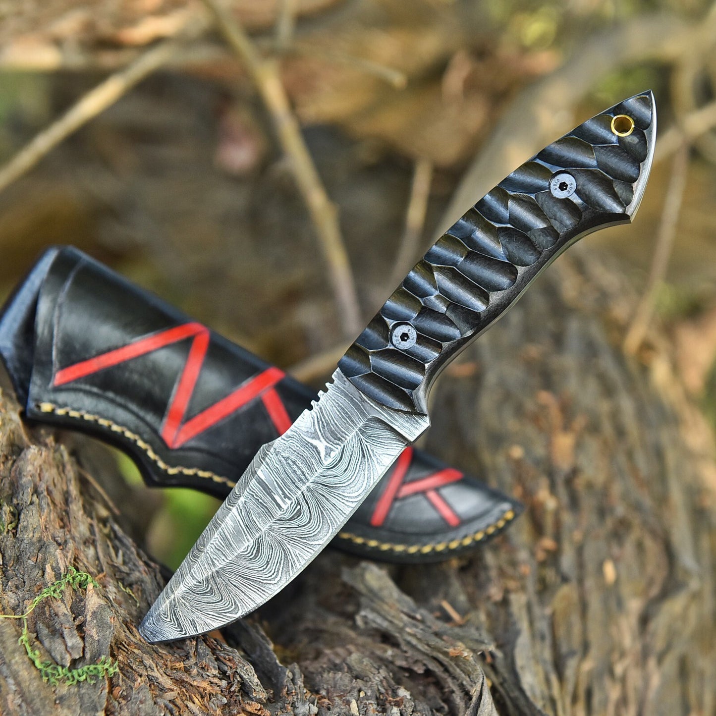 8.8" Custom Hand-Forged Damascus Steel Hunting Knife with Grooved Micarta Handle