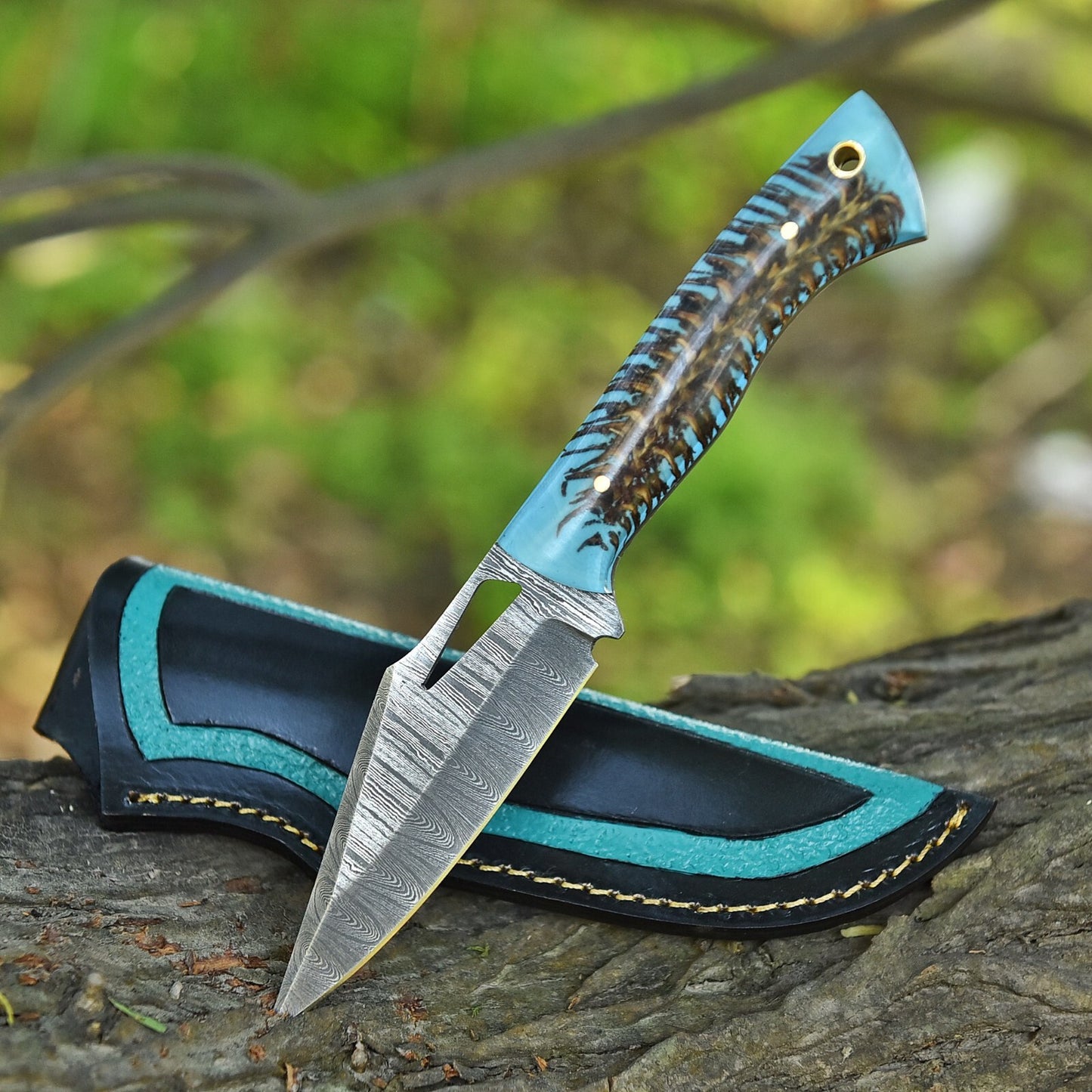 Handcrafted Damascus Steel Hunting and EDC Knife with Stabilized Pine Cone Corelon Handle