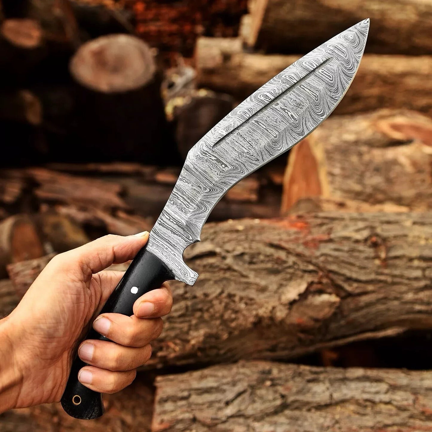 16" Custom Damascus Steel Kukri Knife – Hand-Forged Fixed Blade with Leather Sheath | DRSKNIVES HUB