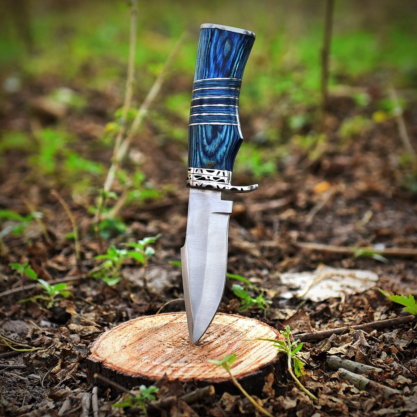 Premium Handcrafted D2 Steel Hunting Knife – Blue Wood Handle | 7" Full Tang EDC Knife |DRSKNIVES HUB