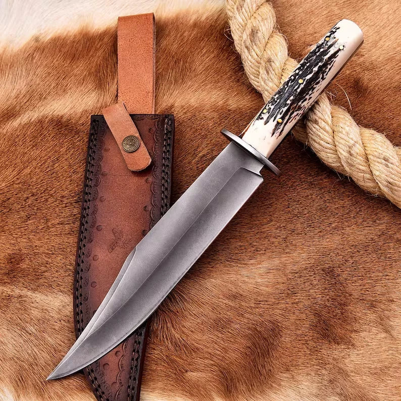 Handmade 14″ Forged Stag Horn Bowie Knife – J2 Steel Hunting Blade with Leather Sheath | DRSKNIVES HUB
