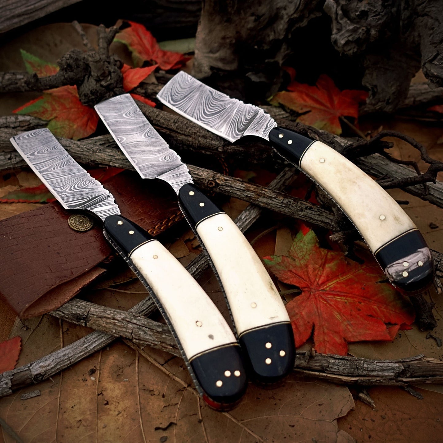 3-Piece Handmade Damascus Steel Straight Cleaver Set –Bull Horn & Camel Bone Handles with Leather Sheaths| DRSKNIVES HUB