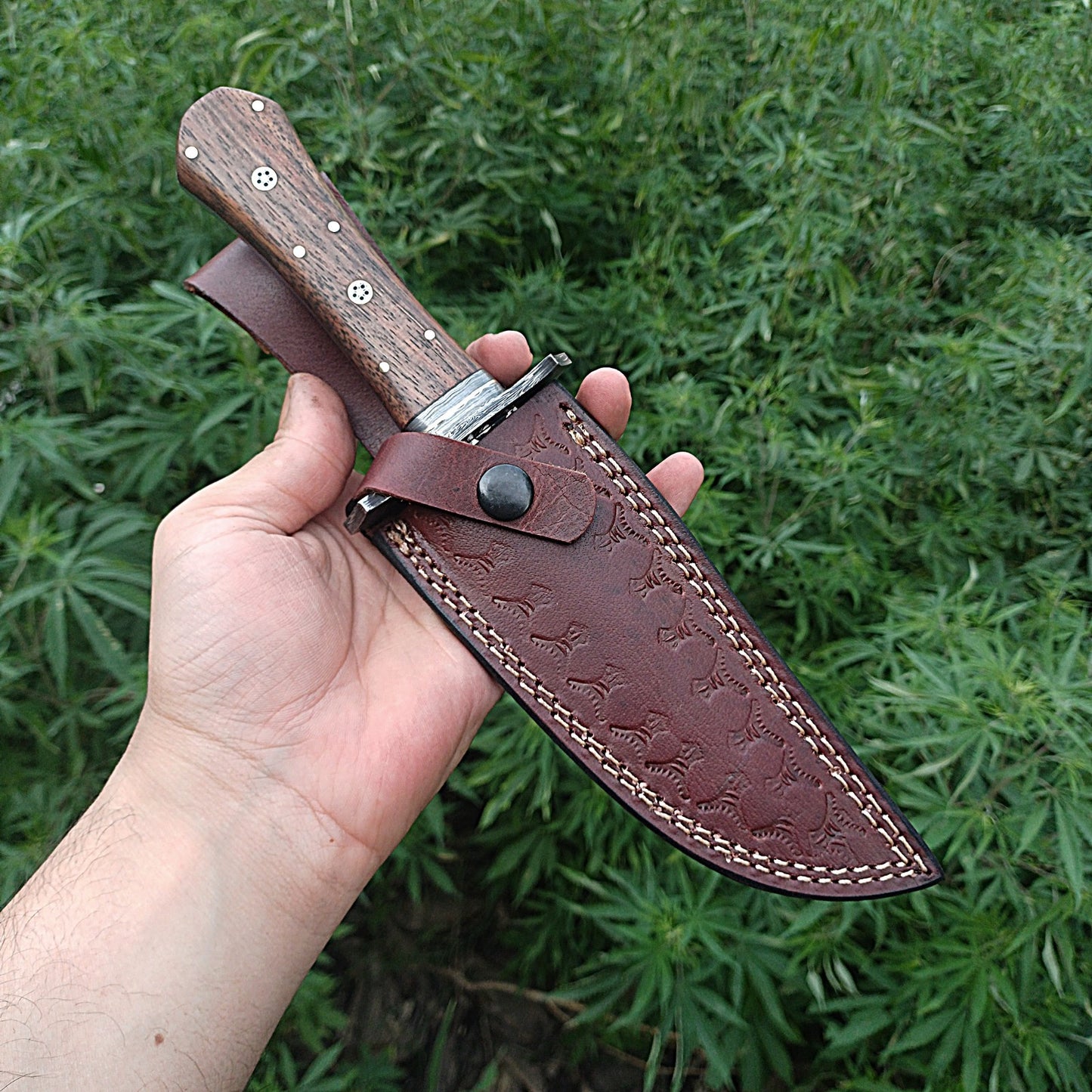 11' Custom Handmade Feather Damascus Bowie Knife Hunting Survival With Leather Sheath Cover