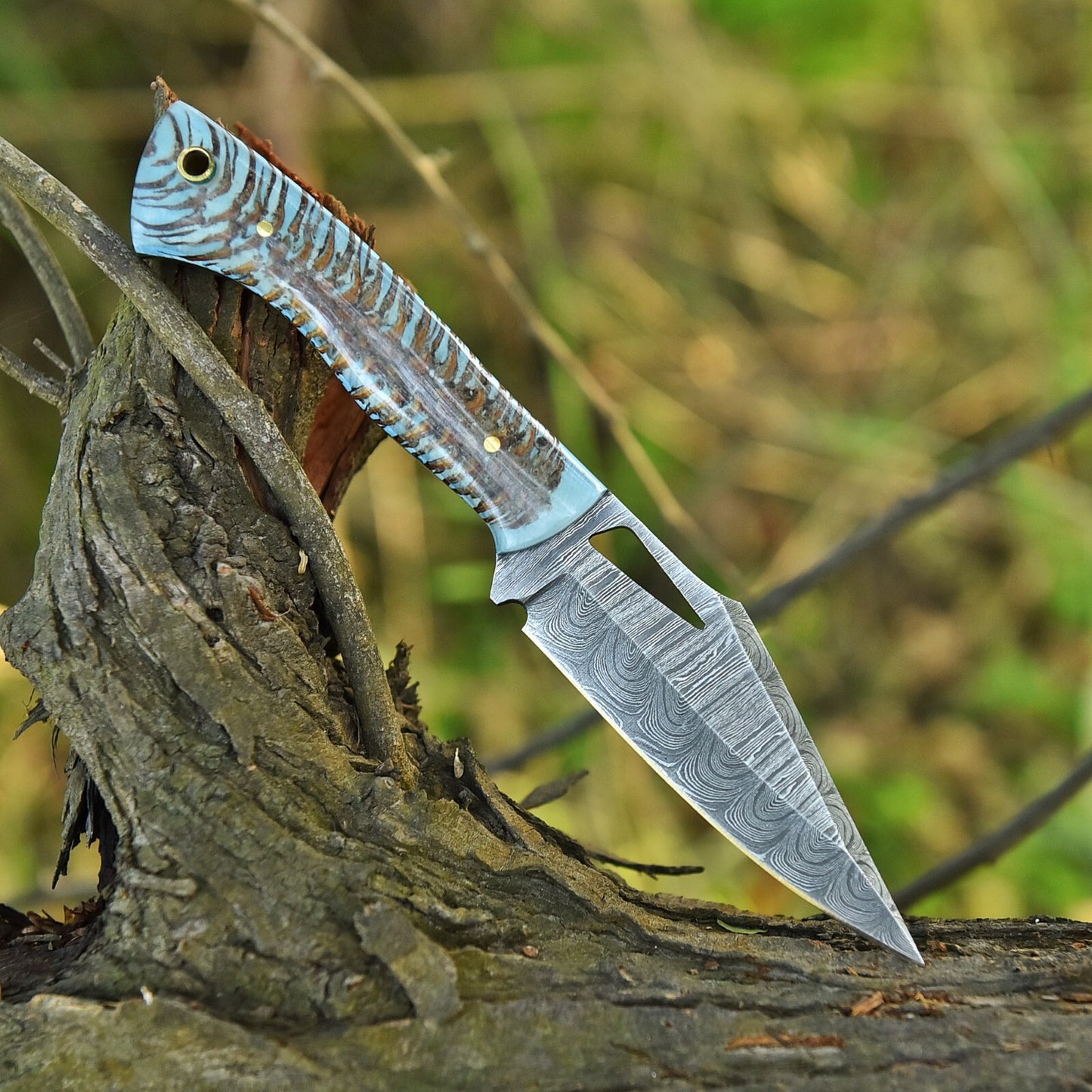 Handcrafted Damascus Steel Hunting and EDC Knife with Stabilized Pine Cone Corelon Handle