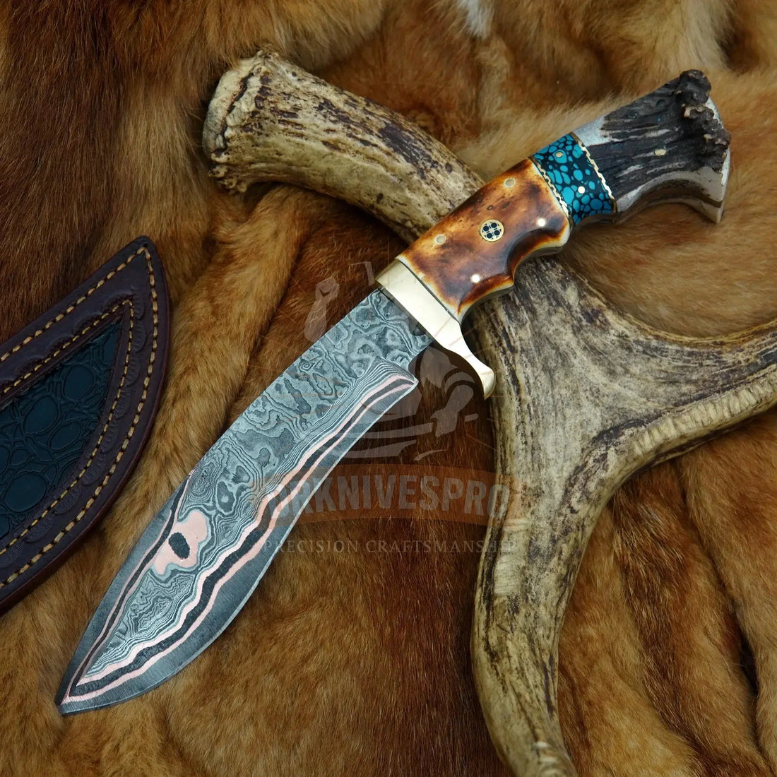 Copper Damascus bushcraft kukri knife with crown stag and burnt camel bone handle | DRSKNIVES HUB | DRSKNIVES HUB