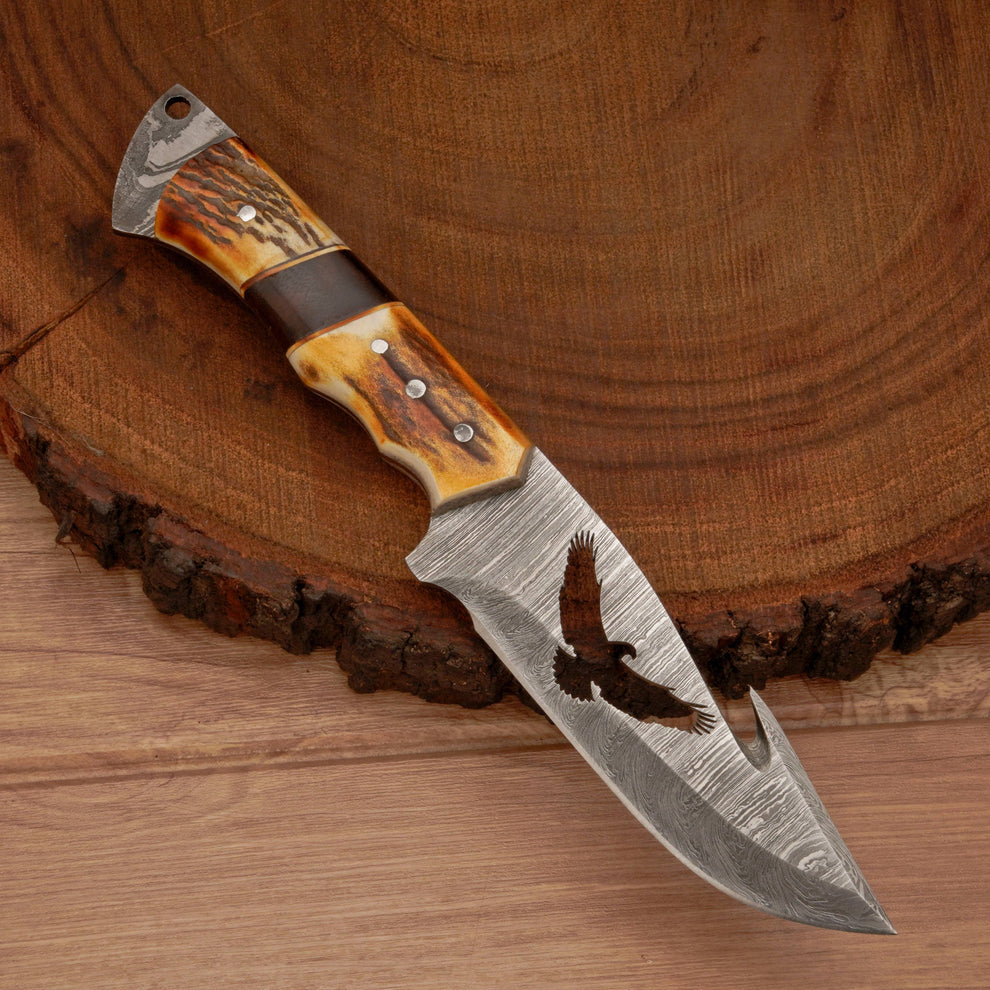 Full tang handmade Damascus steel hunting knife with leather wrap || drs knives hub