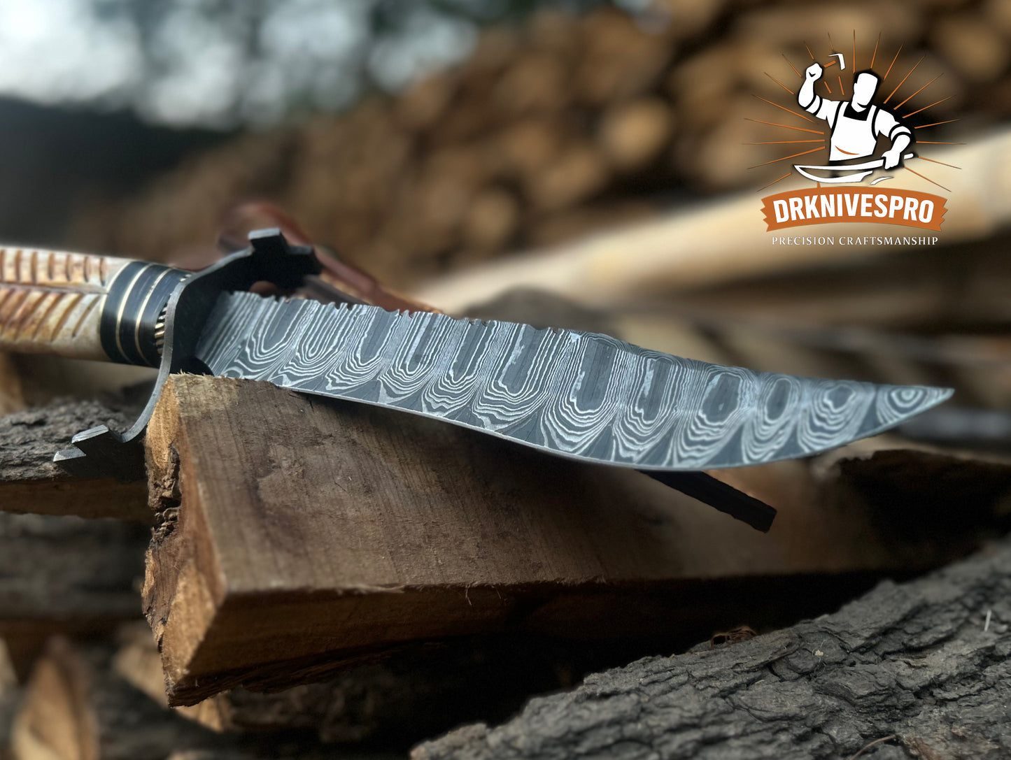 14” Custom Handmade Damascus Steel Bowie Knife – Fire Bone Handle with Leather Sheath | DRSKNIVES HUB