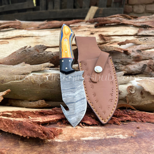 Handmade Damascus Gut Hook Skinning Knife – Wood Handle with Leather Sheath