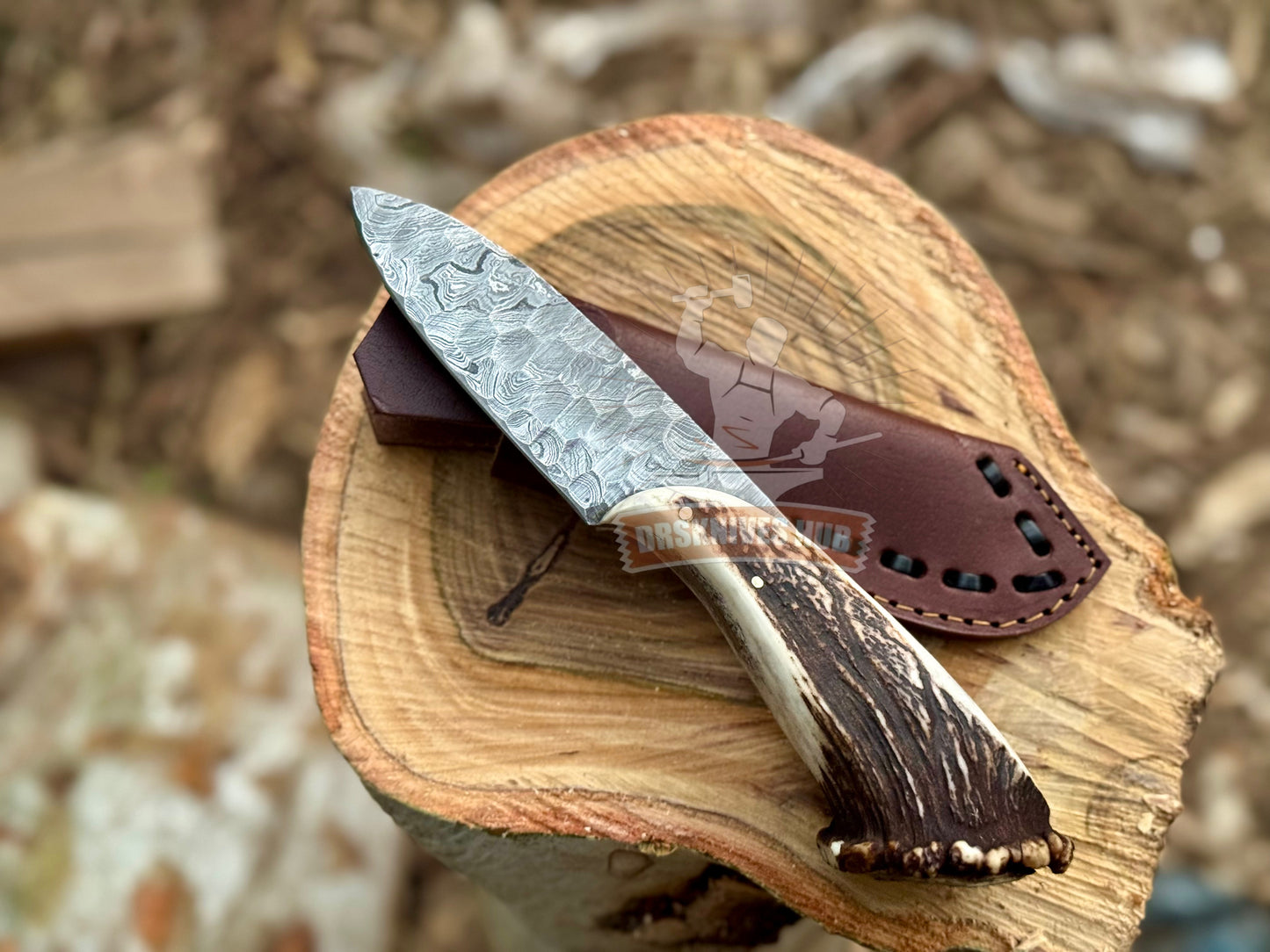 Hand Forged Viking Hunting Knife Stone Textured Blade, Antler Handle | DRSKNIVES HUB