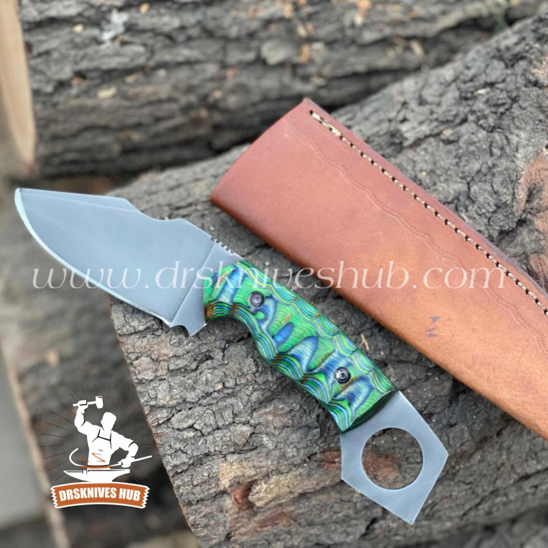 Handmade Stainless Steel Finger Hold Skinner Knife With leather Sheath Cover