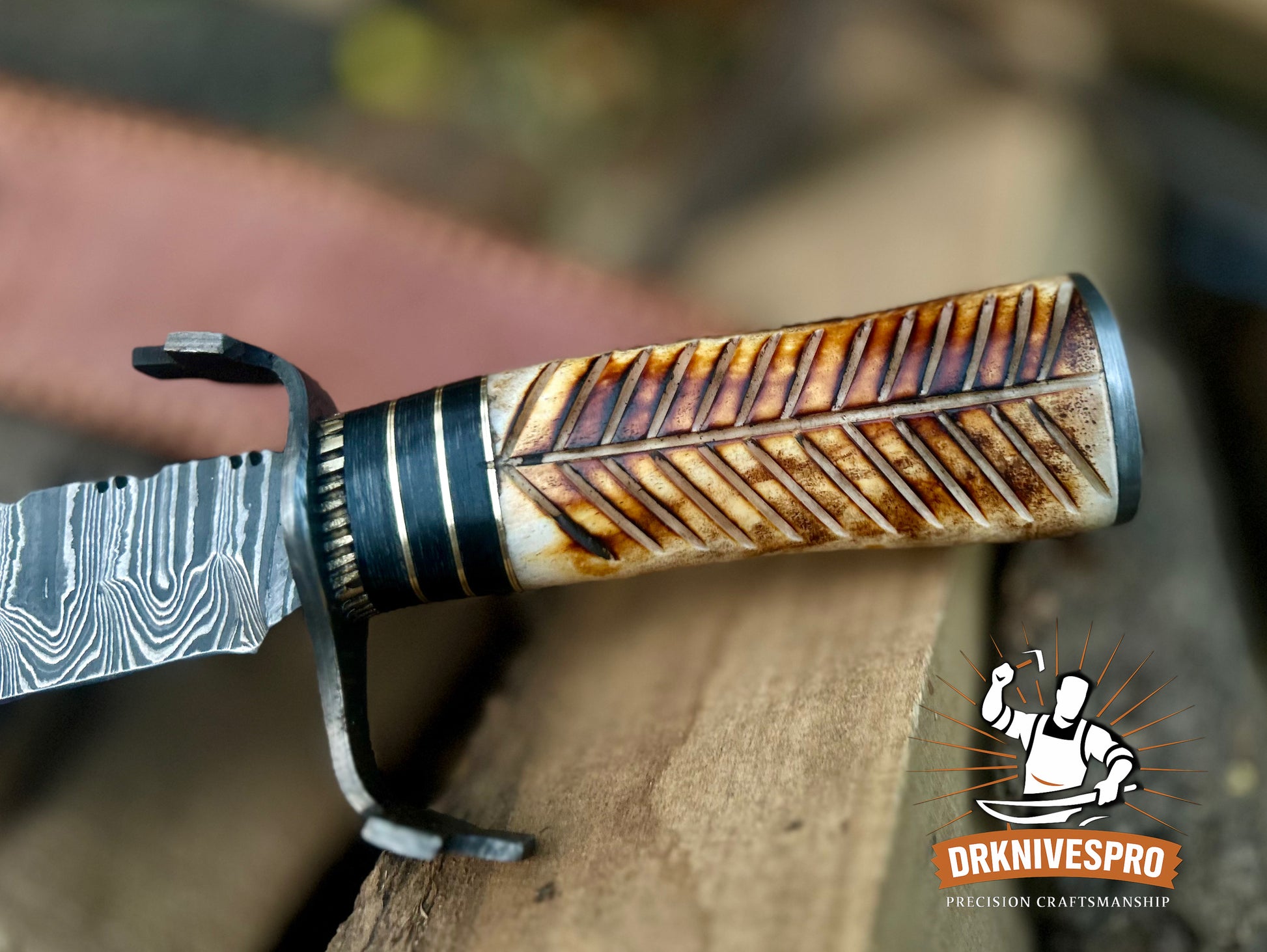 14” Custom Handmade Damascus Steel Bowie Knife – Fire Bone Handle with Leather Sheath | DRSKNIVES HUB