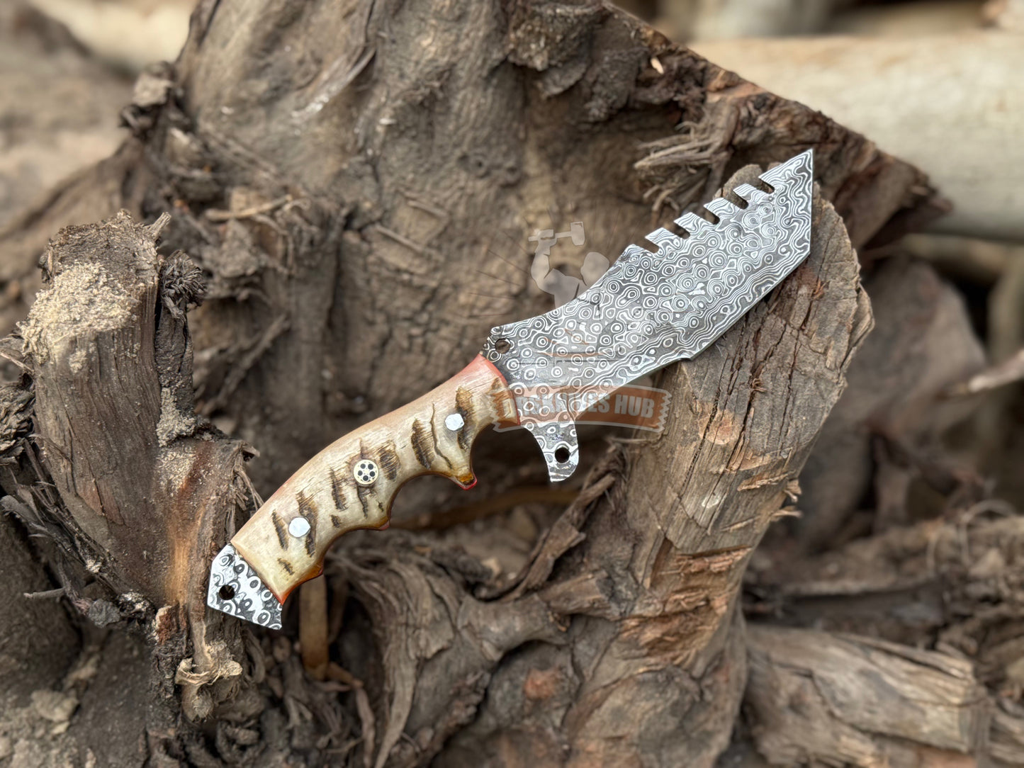 Damascus Tracker Knife 10.5" – Rain Drop Pattern with Sheath | DRSKNIVES HUB