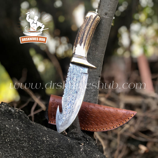 Gut Hook knife Handmade Damascus Steel Raindrop Pattern Hunting knife Antler Handle Knife