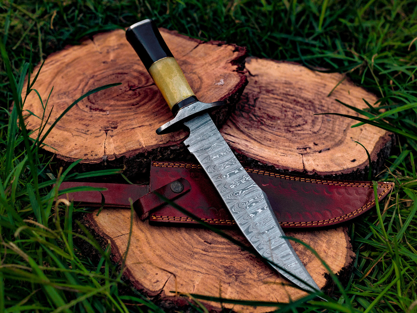 Hand-Forged Damascus Steel Bowie Knife with Brass and Bone Handle & Leather Sheath