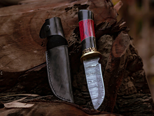 Damascus Steel Fixed Blade Knife with Ebony and Red Wood Handle