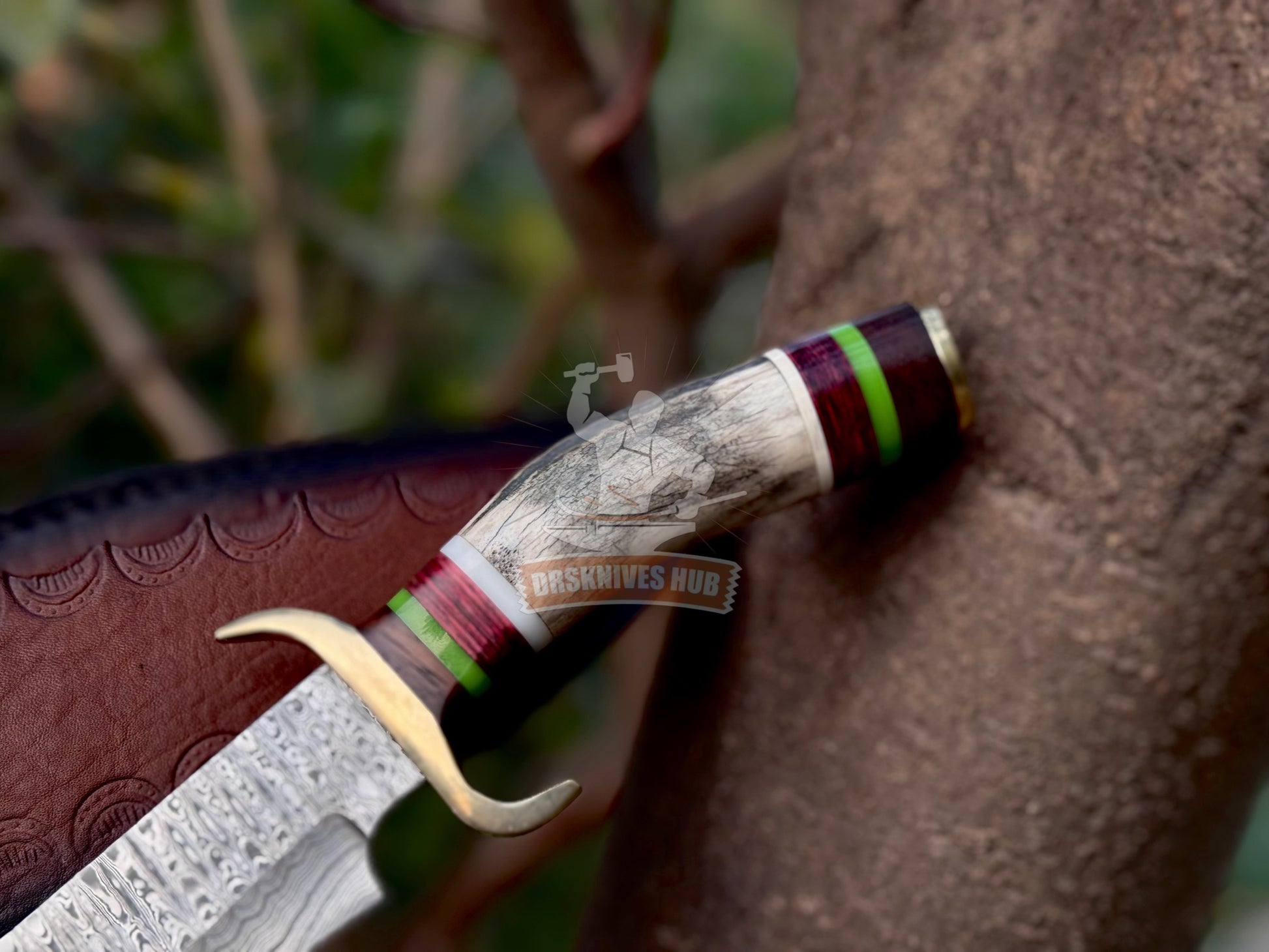 Handmade Damascus Bowie Knife – 12” Stag Handle Hunting Knife with Leather Sheath | DRSKNIVES HUB 