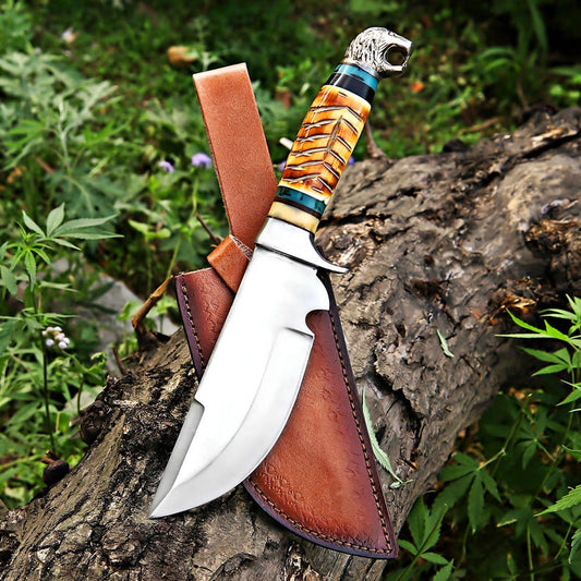 Hand Crafted J2 Steel Blade Hunting Knife Fired Bone Handle With Leather Sheath Cover