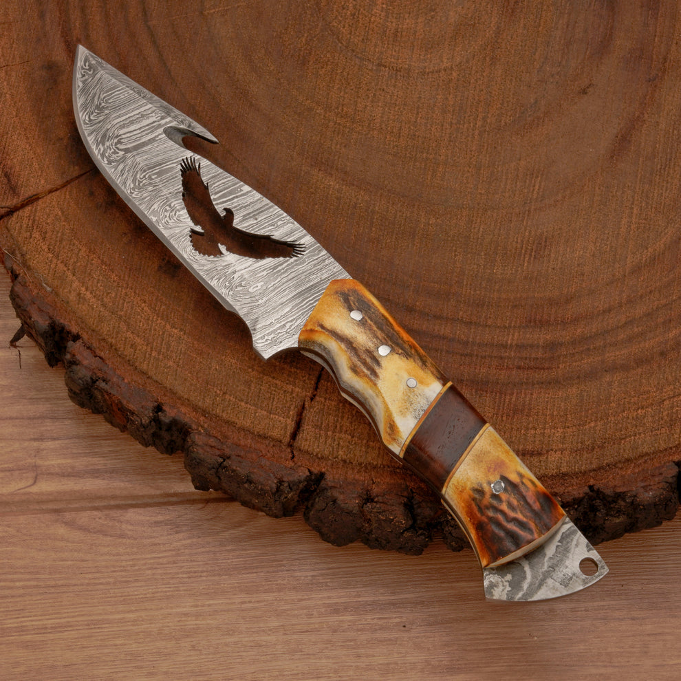 Full tang handmade Damascus steel hunting knife with leather wrap || drs knives hub