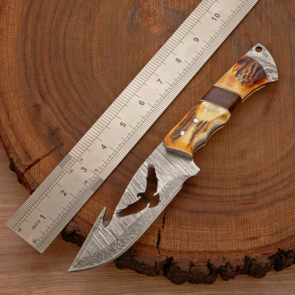 Full tang handmade Damascus steel hunting knife with leather wrap || drs knives hub