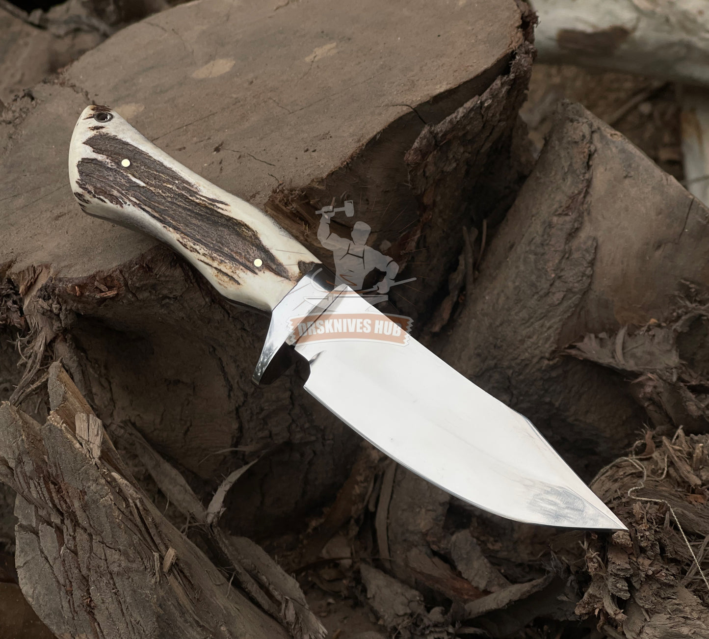 Handmade D2 Steel Hunting Knife: Stag Horn Handle, Leather Sheath