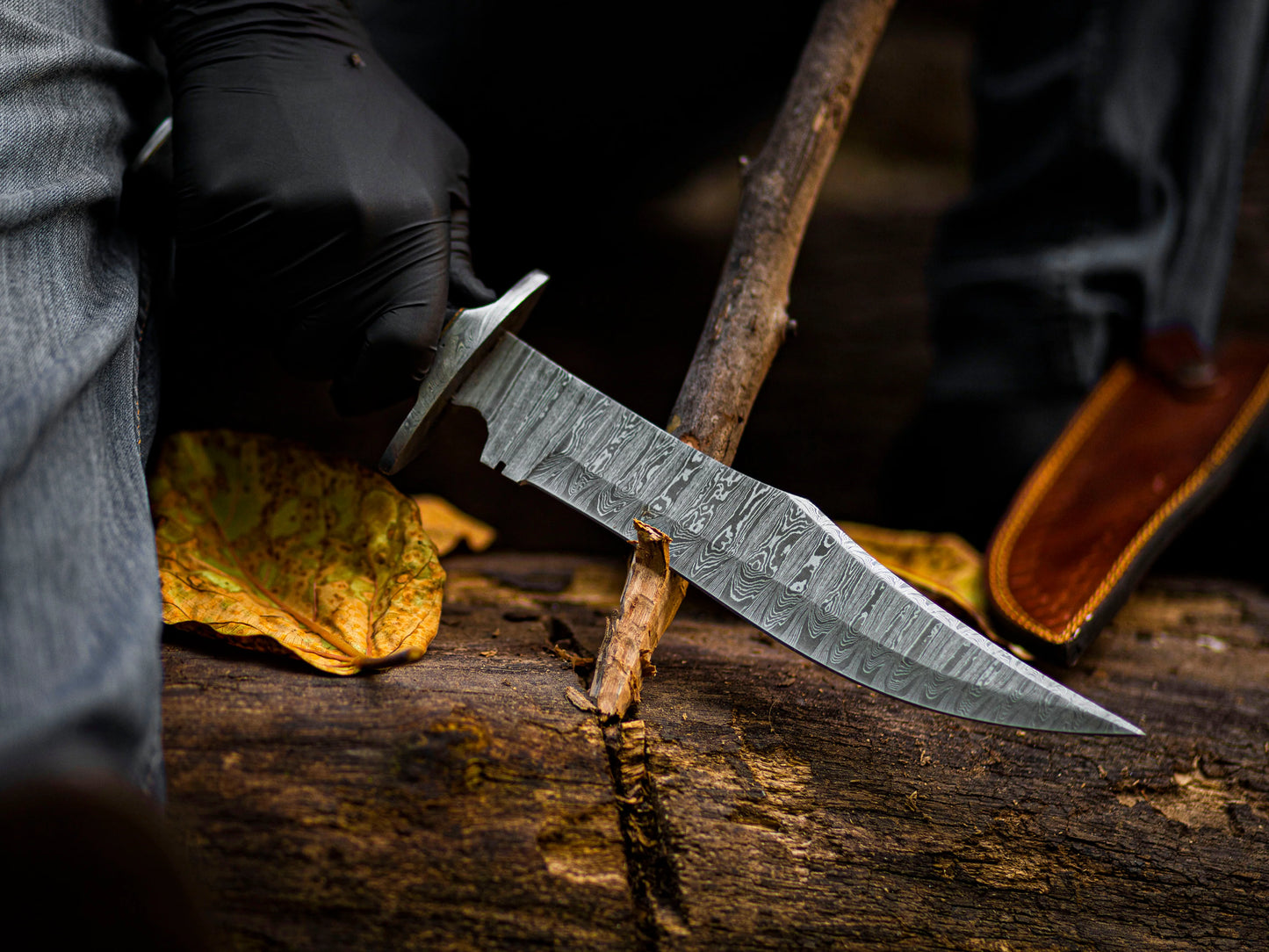 Hand-Forged Damascus Steel Bowie Knife with Brass and Bone Handle & Leather Sheath