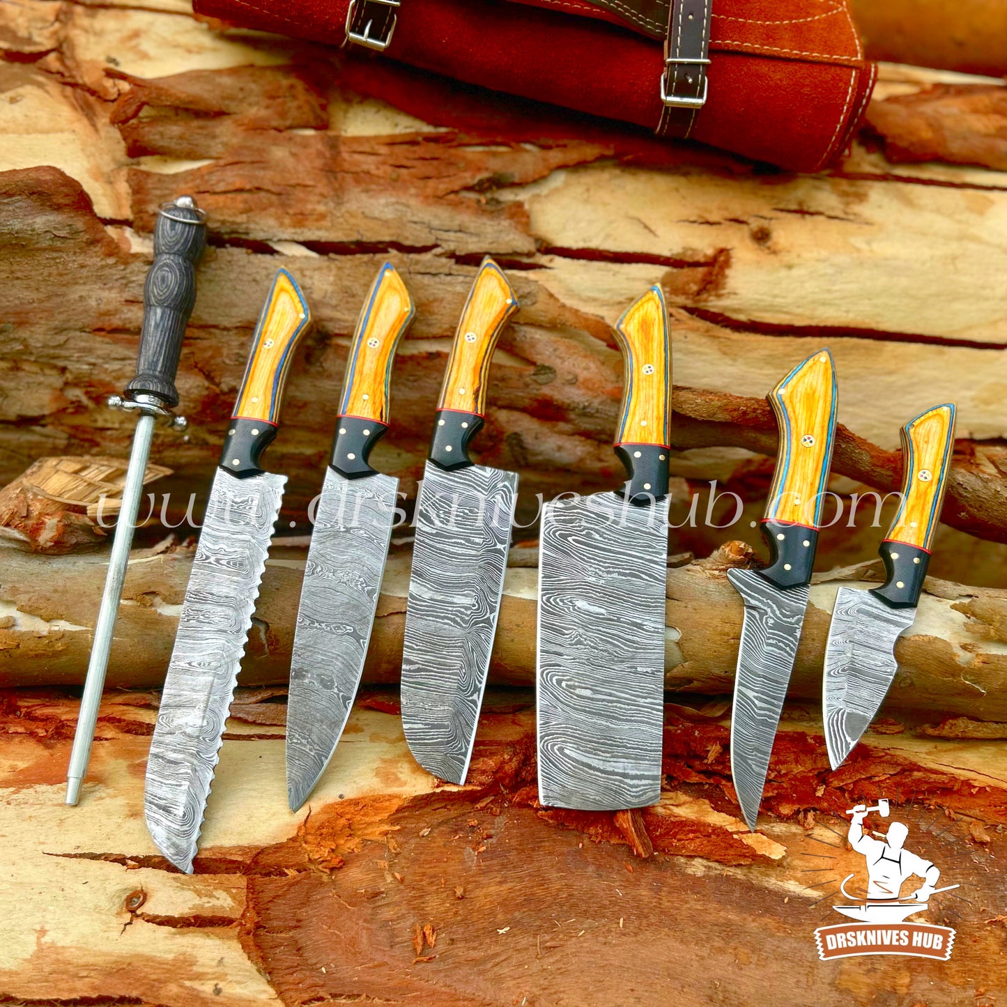 Handmade Damascus Kitchen Knife Set – 8-Piece Chef Knives with Leather Roll Kit | Drs Knives Hub
