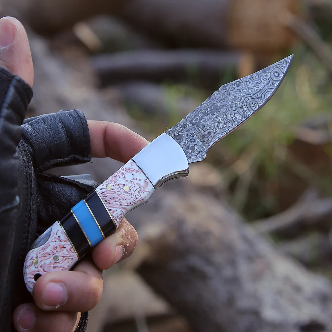 HANDMADE DAMASCUS POCKET KNIFE WITH SHEATH || DRS KNIVES HUB