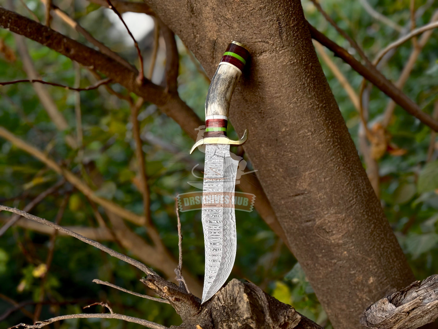 Handmade Damascus Bowie Knife – 12” Stag Handle Hunting Knife with Leather Sheath | DRSKNIVES HUB 