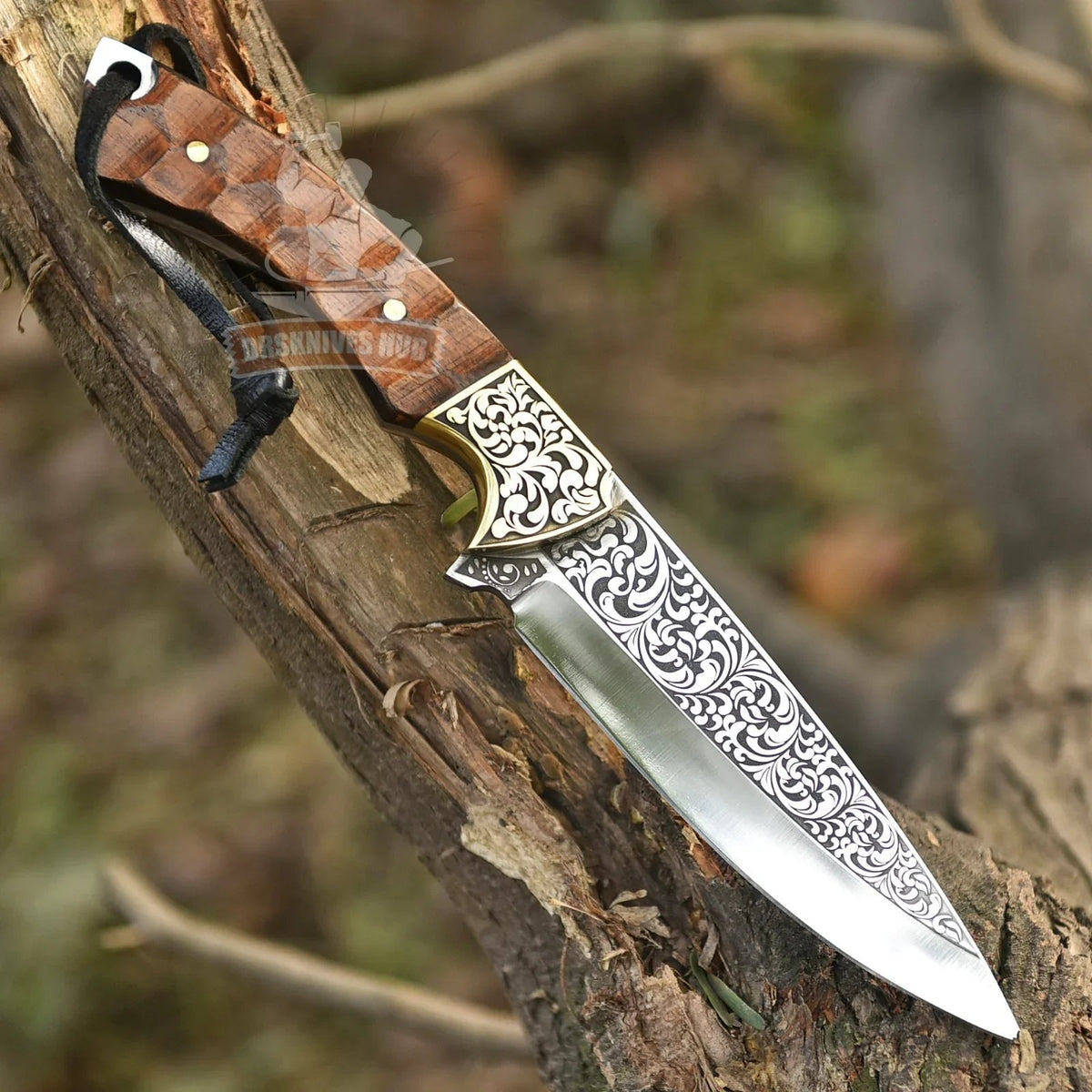 Hand-engraved stainless steel hunting knife with traditional wood handle, product view 2