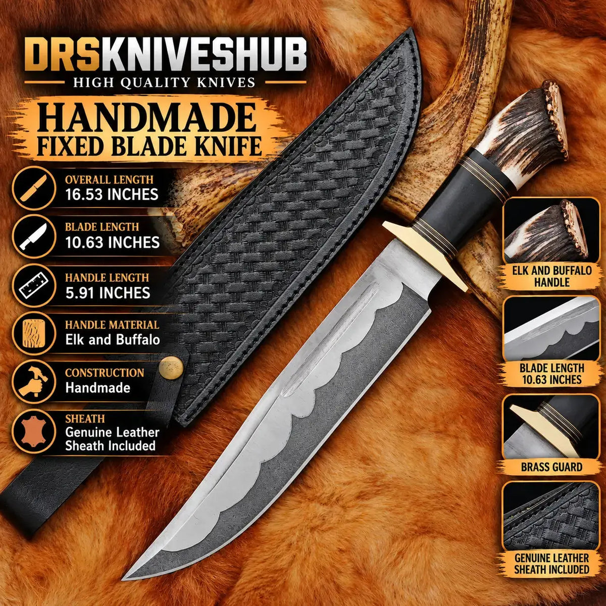 10.63-inch 125-layer Damascus hunting Bowie knife with elk antler handle and leather sheath
