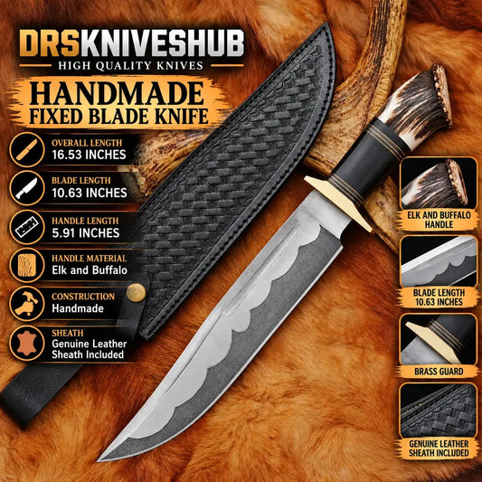10.63-inch 125-layer Damascus hunting Bowie knife with elk antler handle and leather sheath