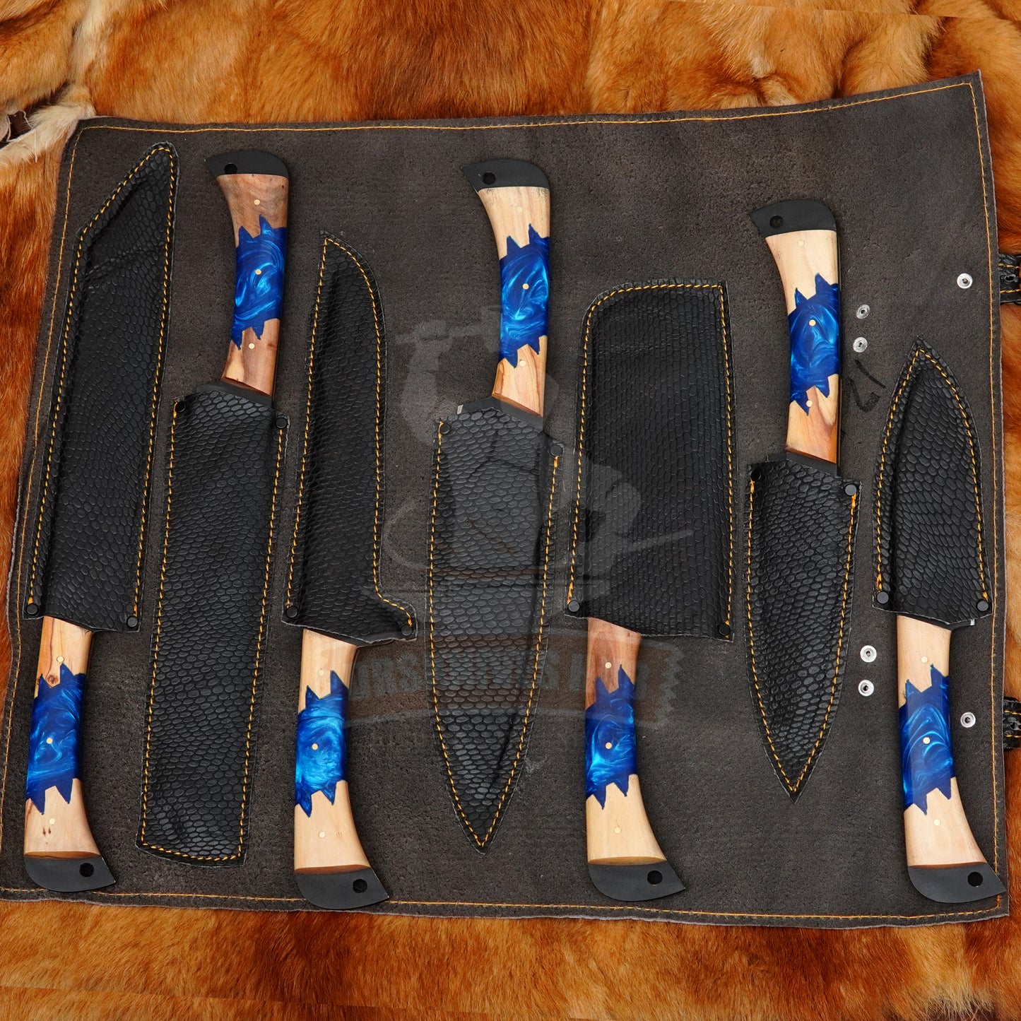 Custom Handmade 7 pcs Chef Set Carbon Steel Blade Resin and Wood Handle With kit | DRSKNIVES HUB