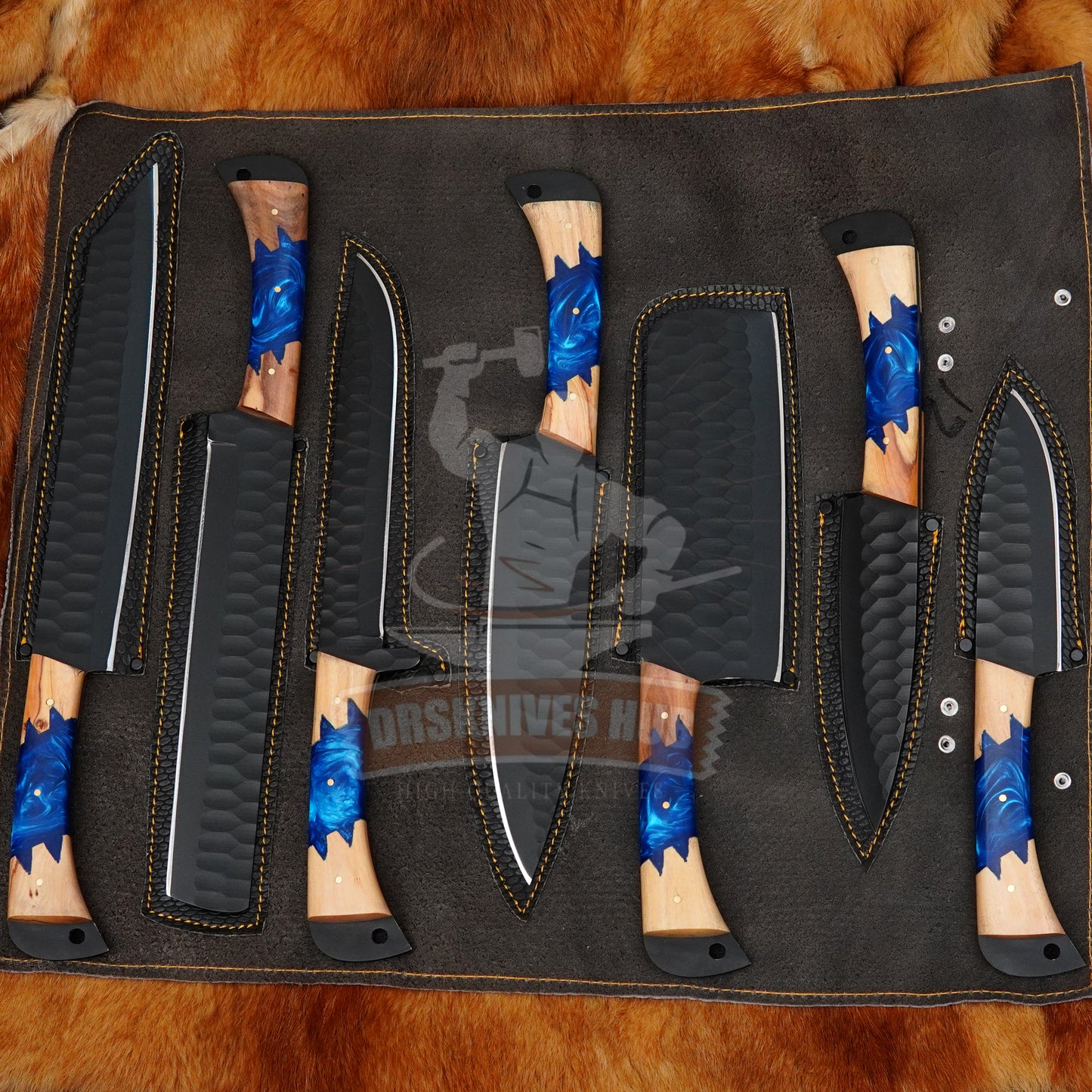 Custom Handmade 7 pcs Chef Set Carbon Steel Blade Resin and Wood Handle With kit | DRSKNIVES HUB