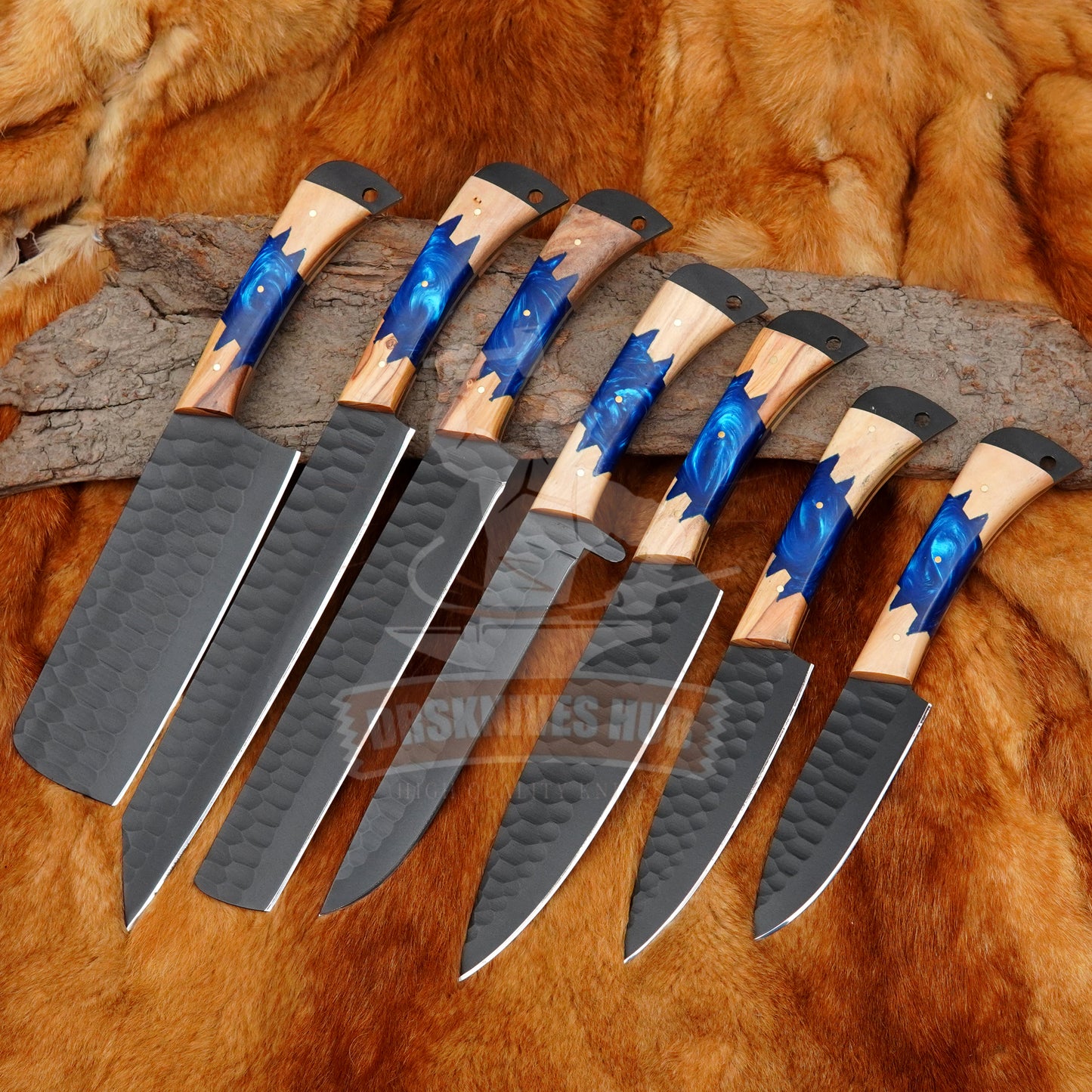 Custom Handmade 7 pcs Chef Set Carbon Steel Blade Resin and Wood Handle With kit | DRSKNIVES HUB