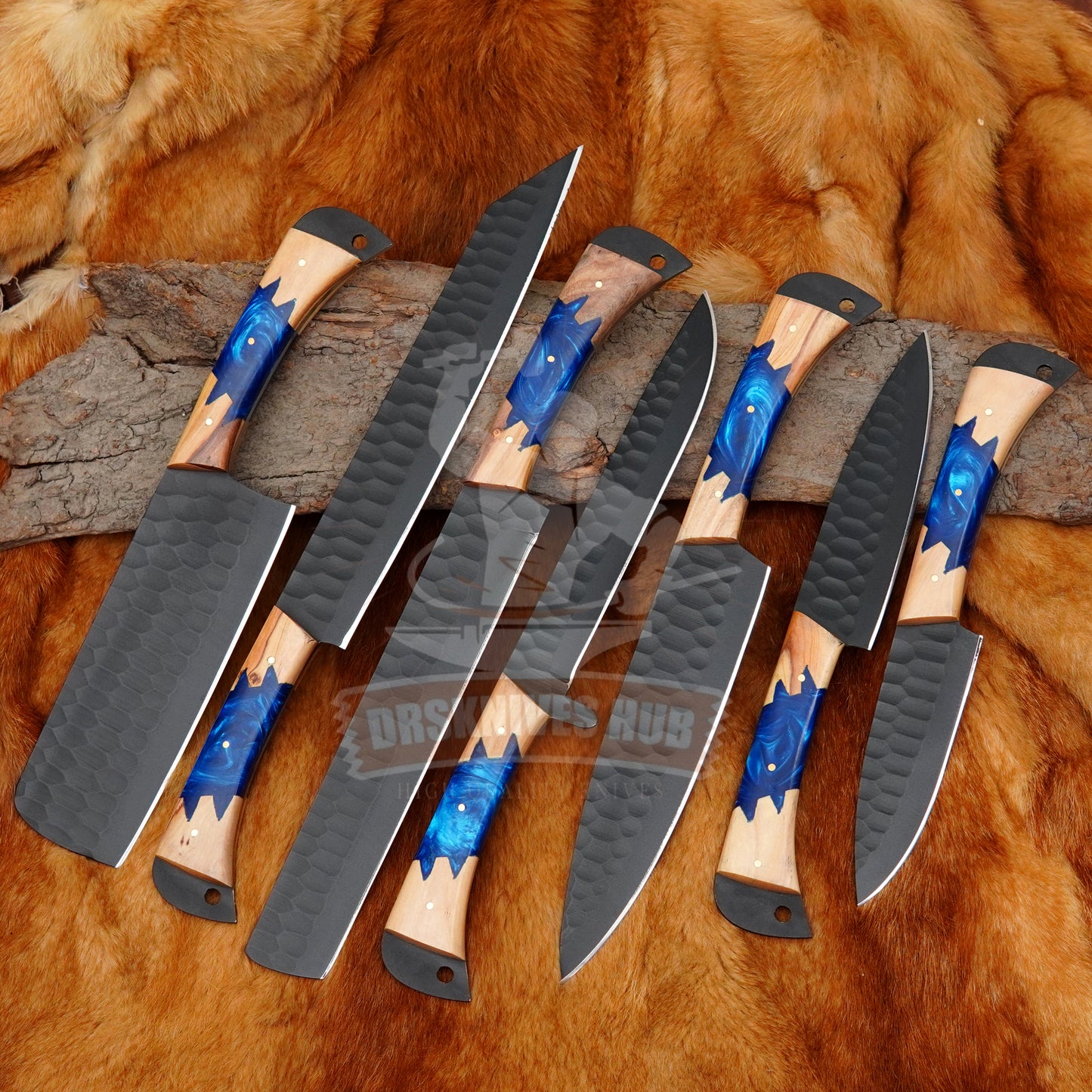 Custom Handmade 7 pcs Chef Set Carbon Steel Blade Resin and Wood Handle With kit | DRSKNIVES HUB