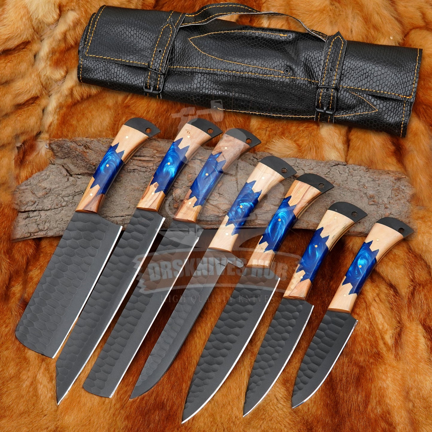 Custom Handmade 7 pcs Chef Set Carbon Steel Blade Resin and Wood Handle With kit | DRSKNIVES HUB