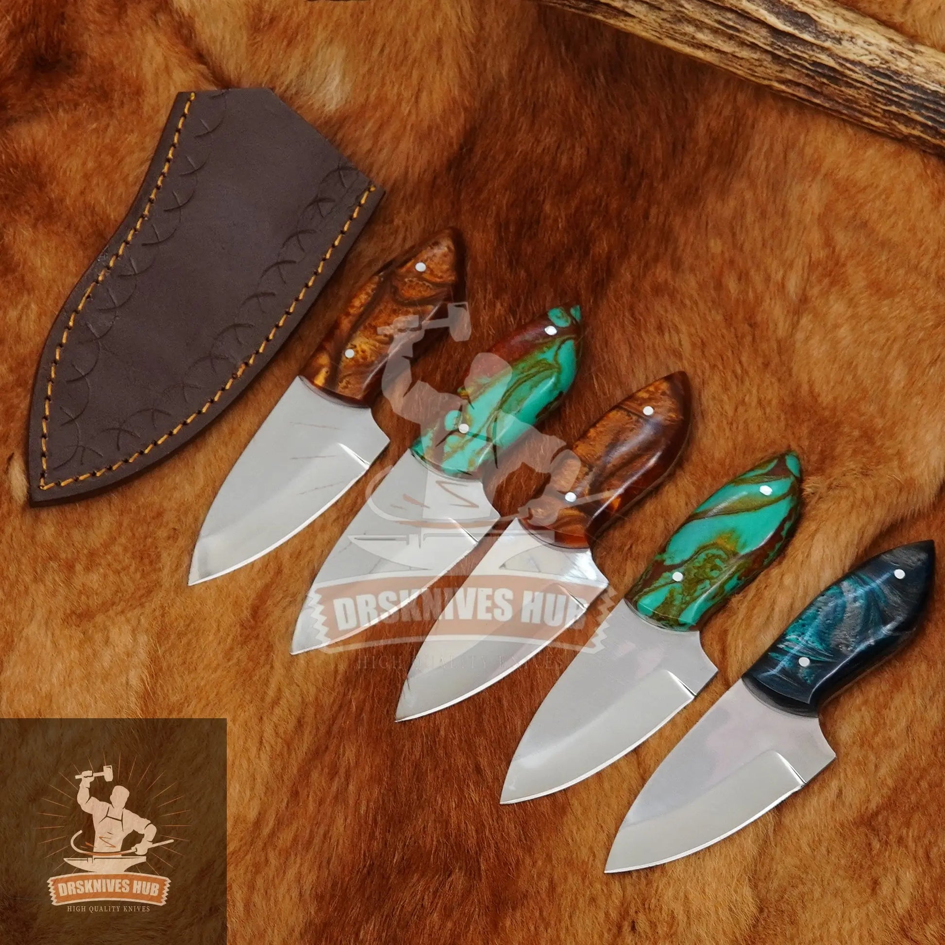 Set of 5pcs Carbon Steel Skinner Knives With Resin Handle With Leather Covers | DRSKNIVES HUB DRSKNIVES HUB