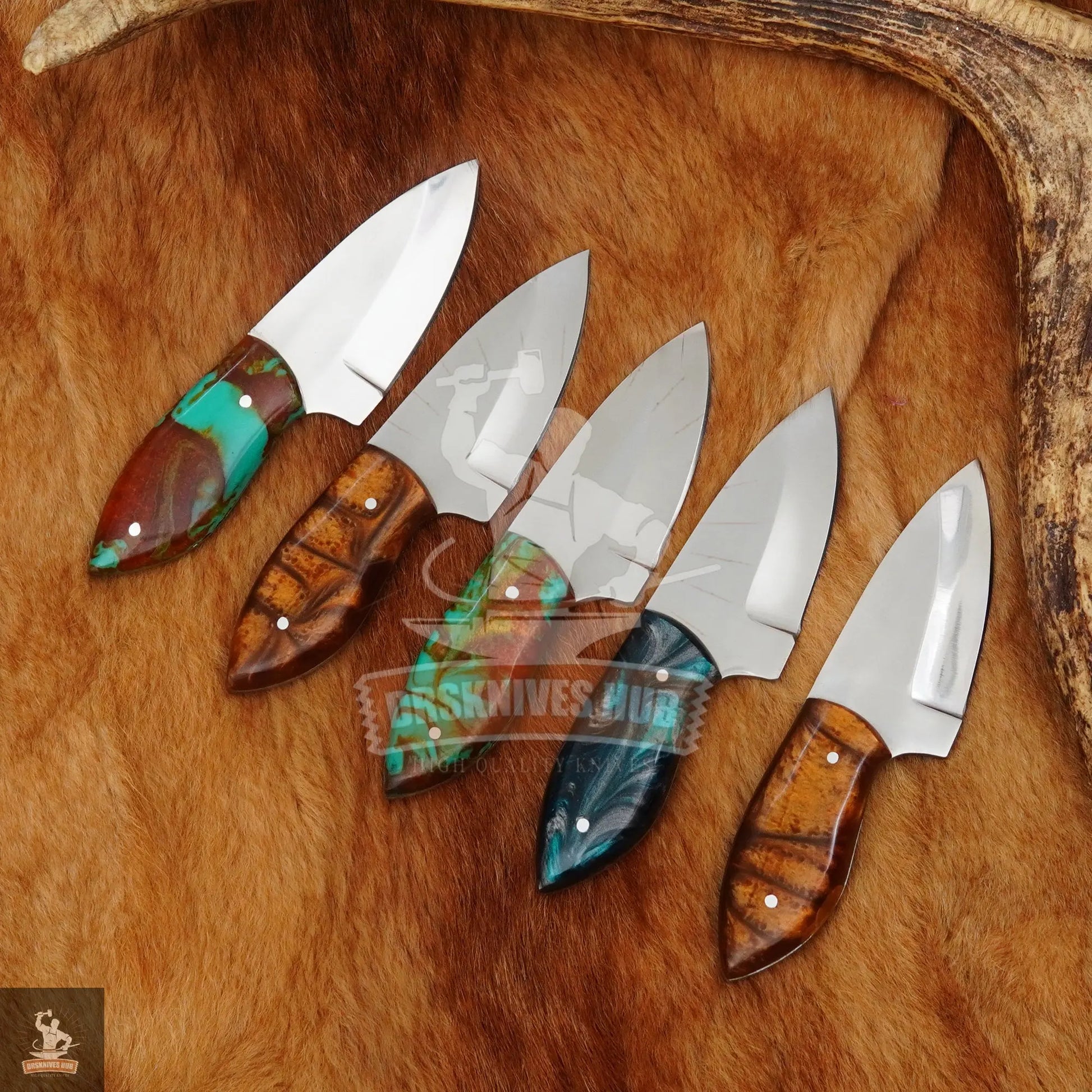 Set of 5pcs Carbon Steel Skinner Knives With Resin Handle With Leather Covers | DRSKNIVES HUB DRSKNIVES HUB