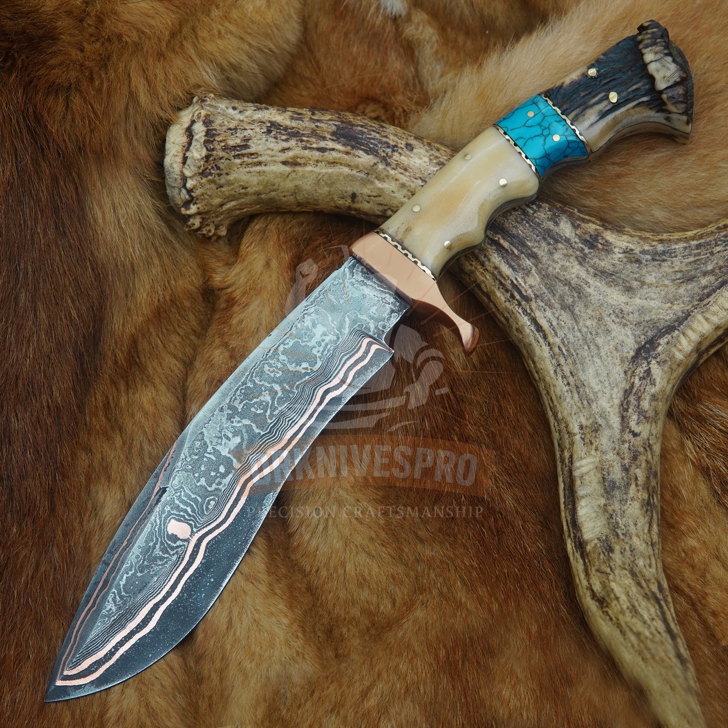 Handmade Copper Damascus Steel Kukri Knife – Bone, Crown Stag & Turquoise Handle 