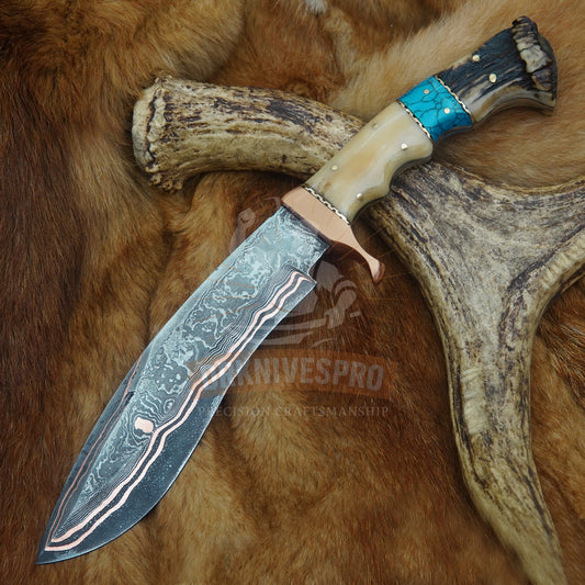 Handmade Copper Damascus Steel Kukri Knife – Bone, Crown Stag & Turquoise Handle 