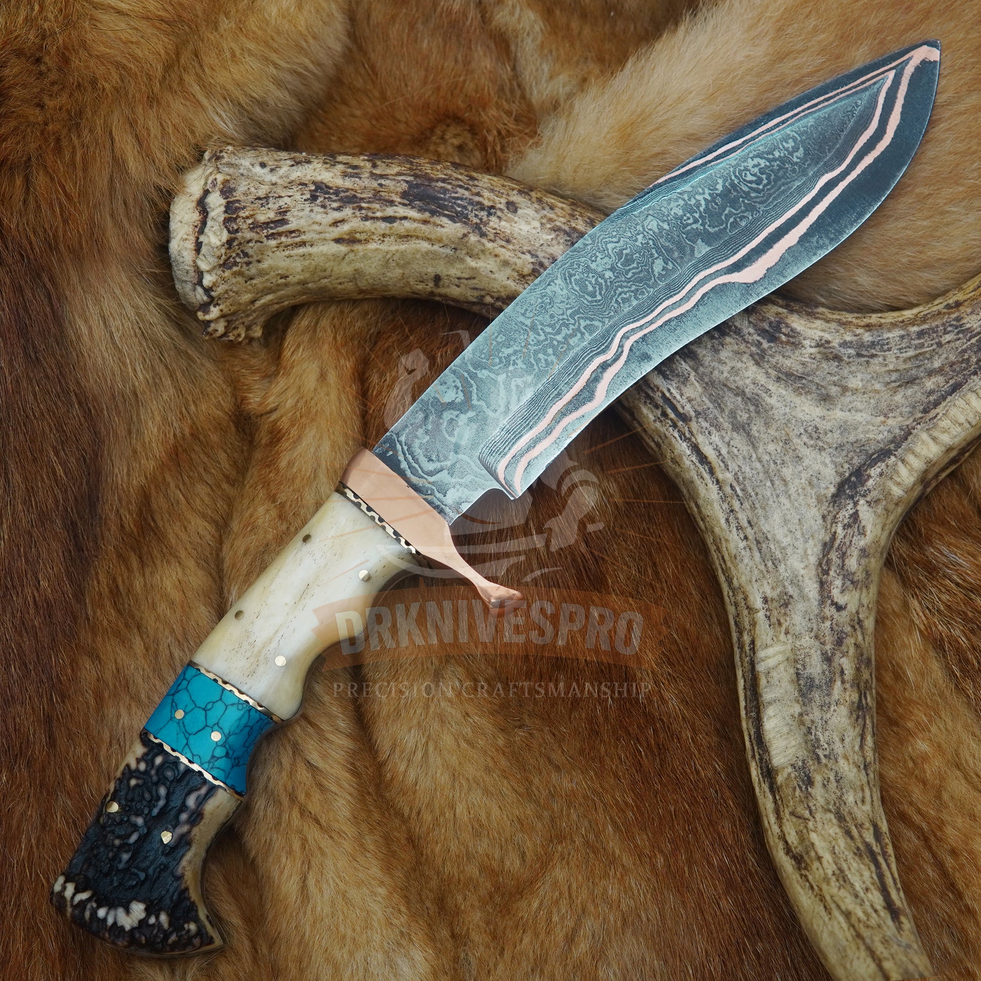 Handmade Copper Damascus Steel Kukri Knife – Bone, Crown Stag & Turquoise Handle 