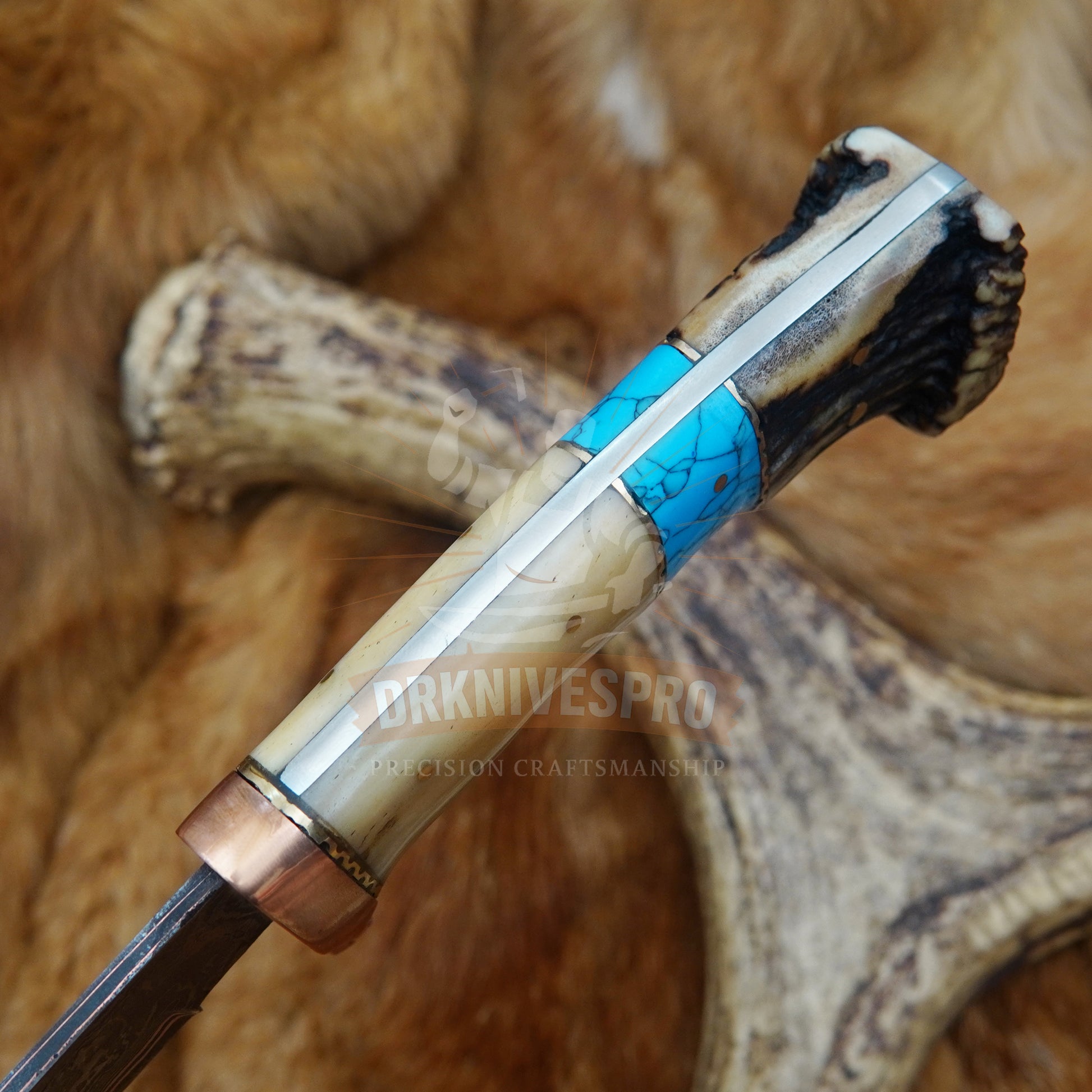 Handmade Copper Damascus Steel Kukri Knife – Bone, Crown Stag & Turquoise Handle 