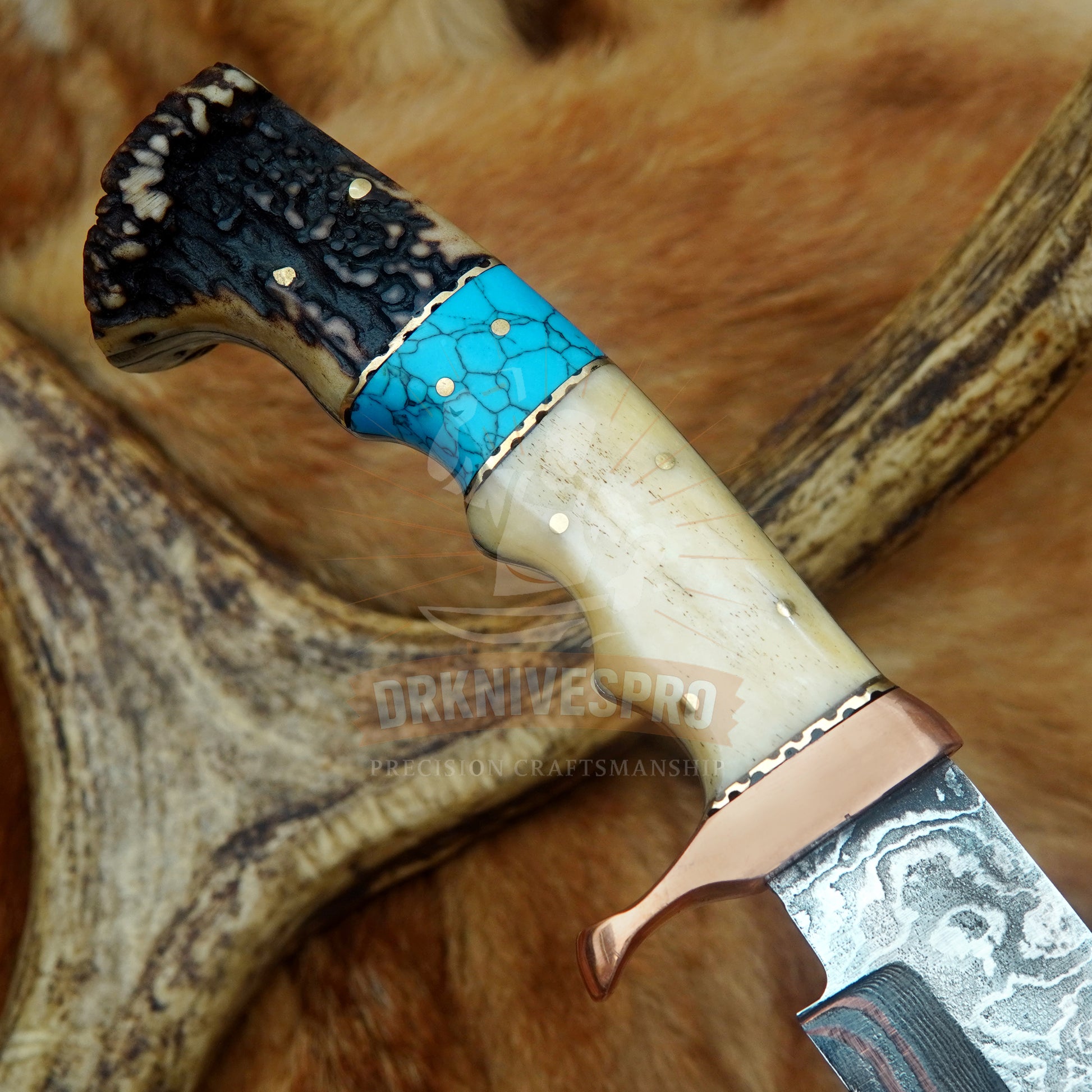 Handmade Copper Damascus Steel Kukri Knife – Bone, Crown Stag & Turquoise Handle 