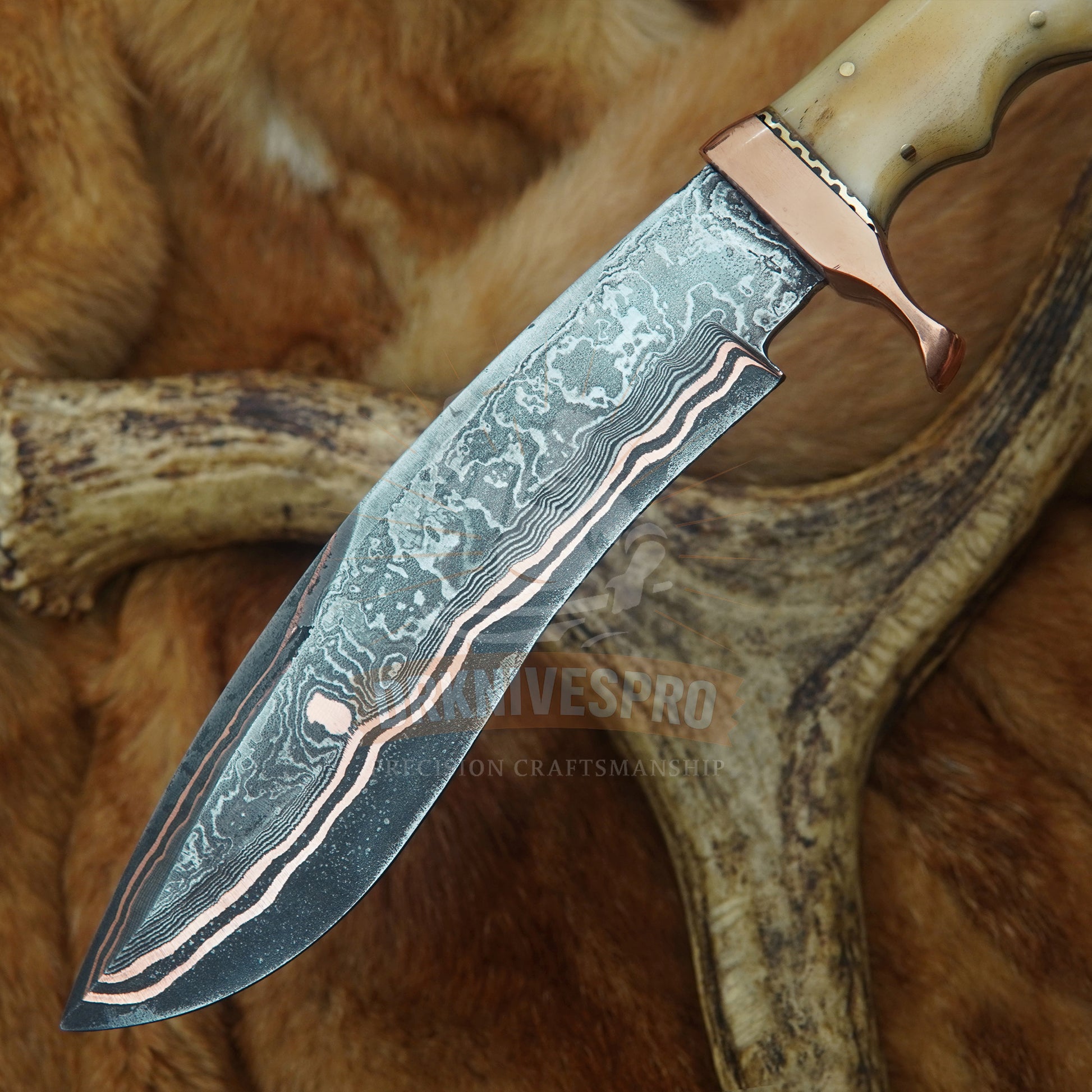 Handmade Copper Damascus Steel Kukri Knife – Bone, Crown Stag & Turquoise Handle 